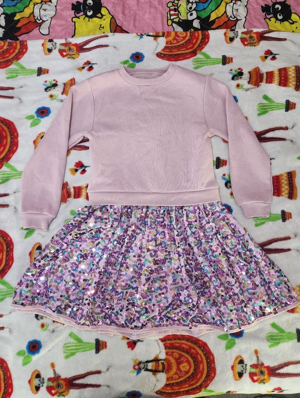 "Party Cutie Blueberi" Pink Sweatshirt with Pink/Purple Sequin Skirt